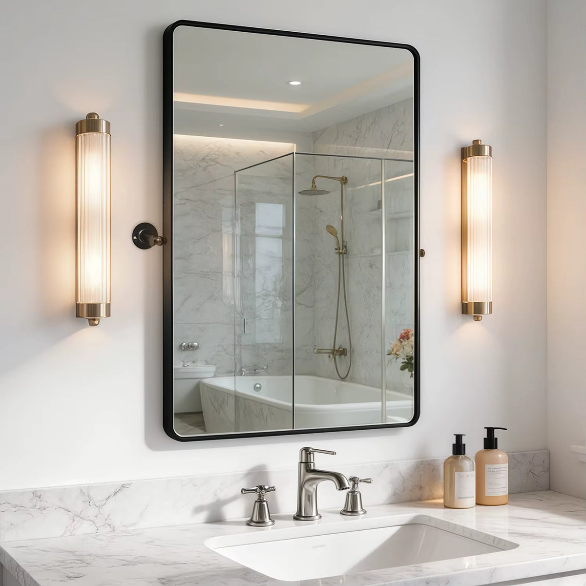 Black Rectangular Pivot Bathroom Mirror with Adjustable Tilt – 2 Sizes