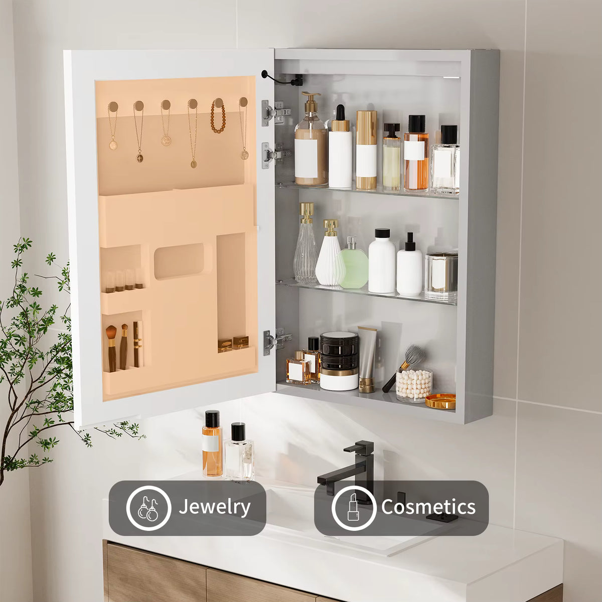 Open mirrored cabinet showing interior shelves and door compartments