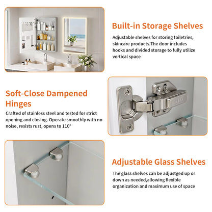 Cabinet storage shelves, soft-close hinges and adjustable glass shelf details