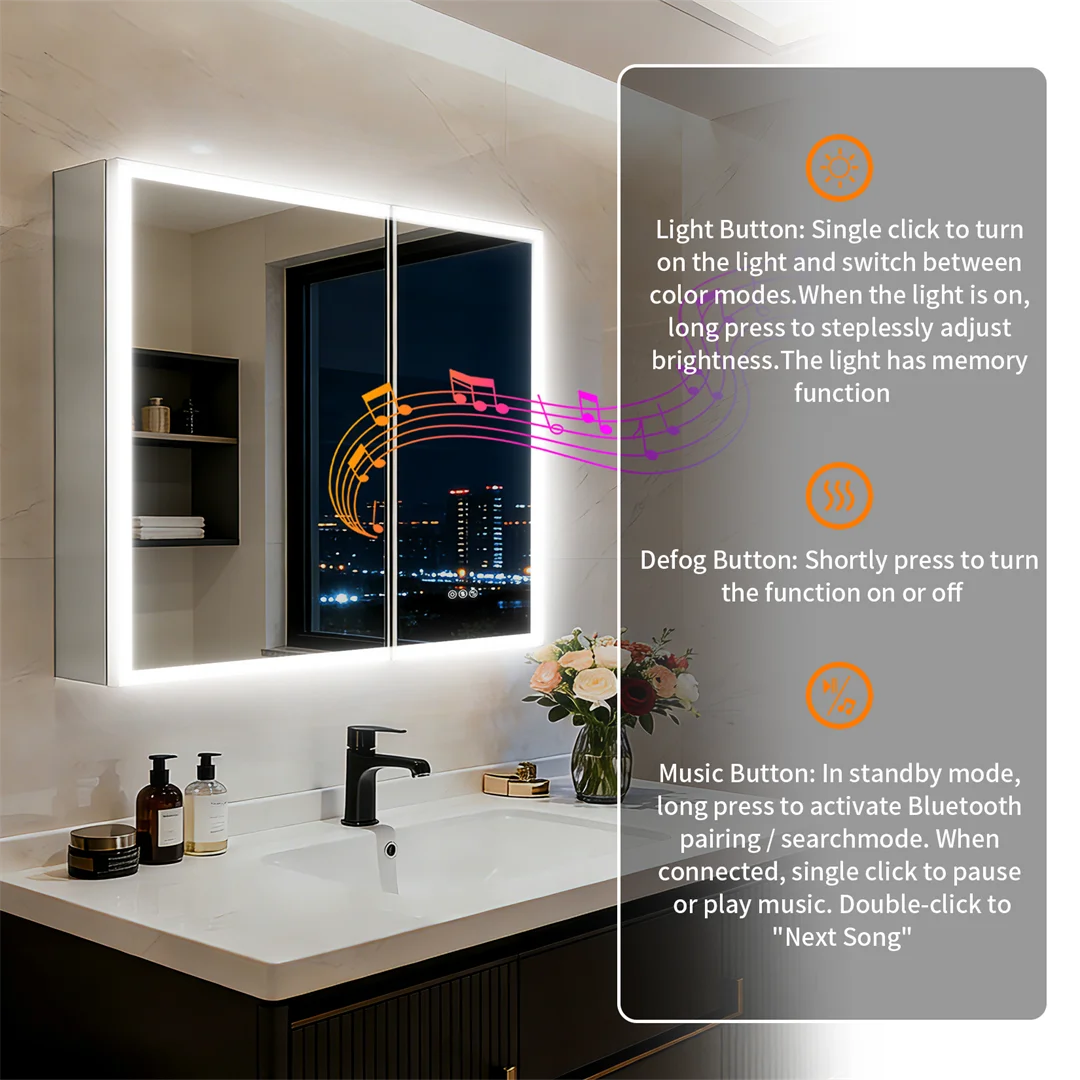 2026 New Luxury LED Bathroom Mirror Cabinet with Bluetooth Dual Speakers