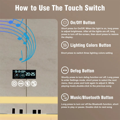 Rectangle Bluetooth Smart Bathroom Mirror  Illuminated Defog with Speakers and Time/Date/Temperature Display