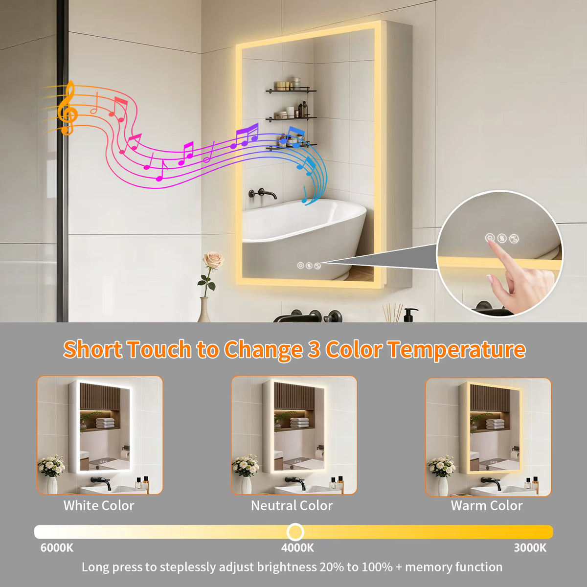 Three light settings illustrated beneath the illuminated mirror cabinet