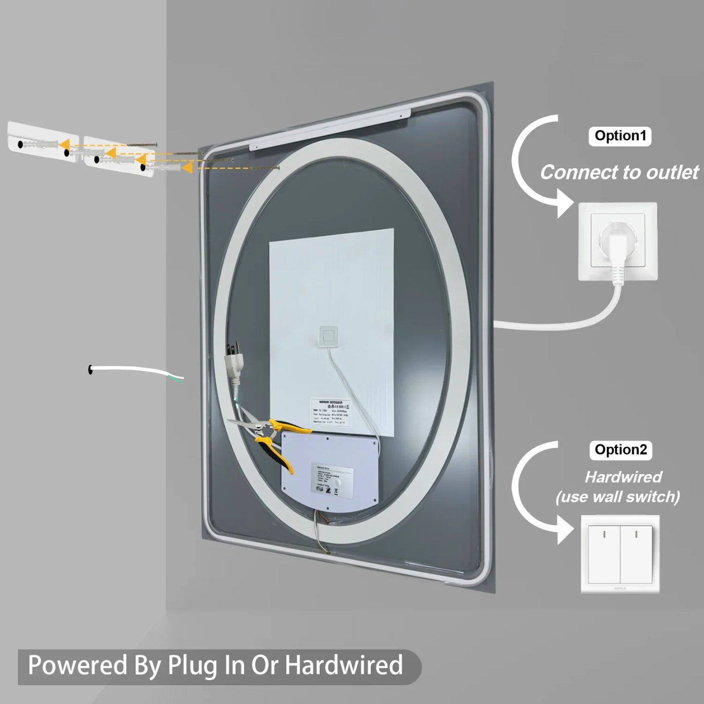 Frameless Double LED Lighted Bathroom Mirror, Rectangle & Round Tempered Glass Frontlit and Backlit Antifog