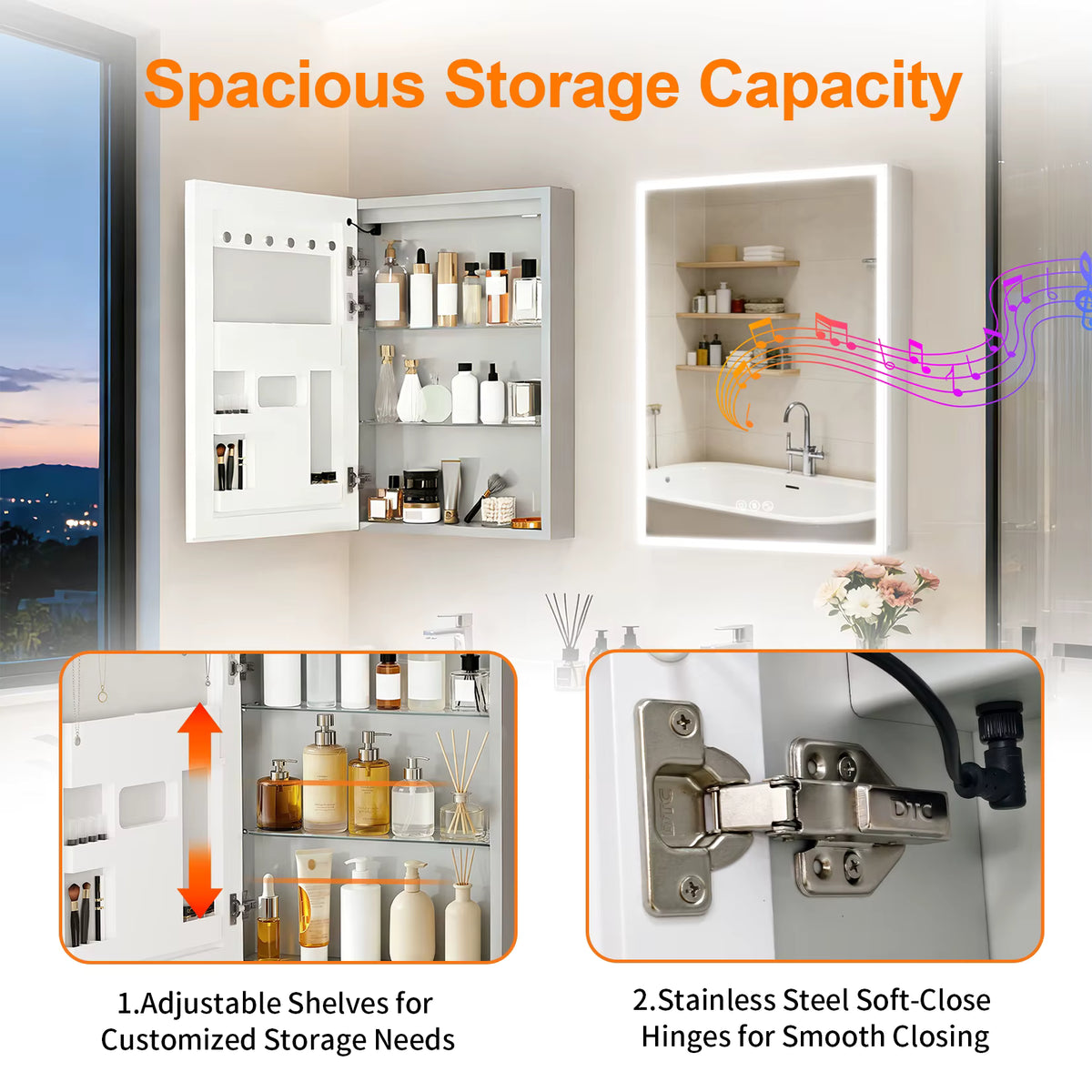 Cabinet storage layout with adjustable shelves and hinge details