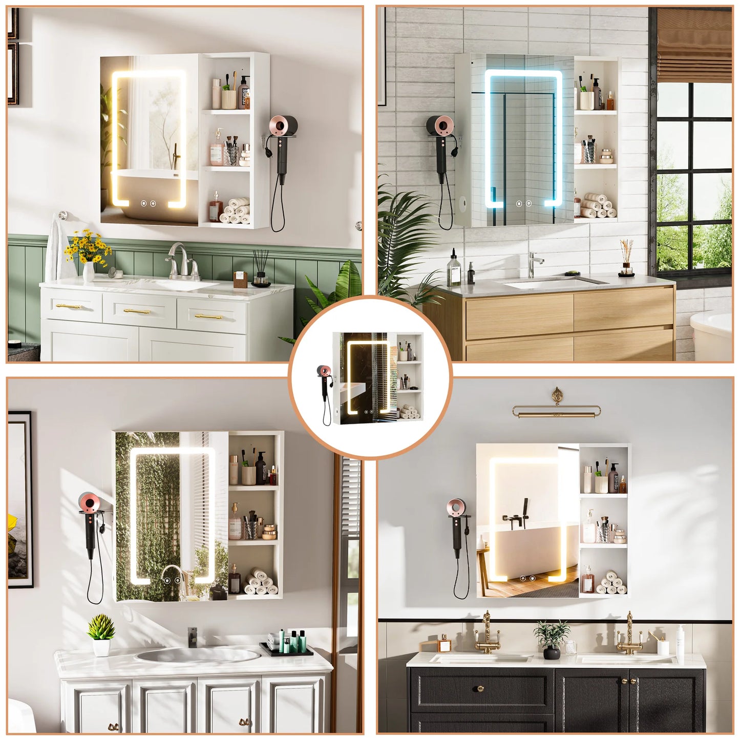 Bathroom Cabinet with Anti-fog LED Mirror With Hairdryer Smart Storage, UK01