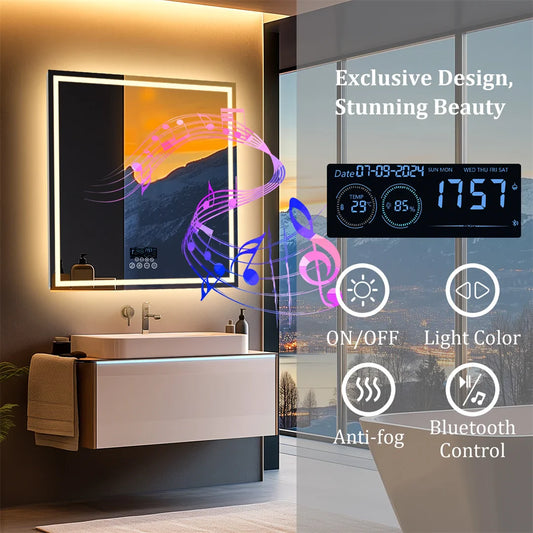 Smart Square Lighted Bathroom Mirror with Bluetooth Speaker, Wall Vanity LED Mirror with Time Date Temperature Display