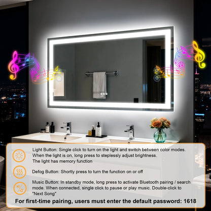 Rectangle LED Bathroom Mirror with Bluetooth Speaker 3 Colors Dimmable Defog Vanity Mirror