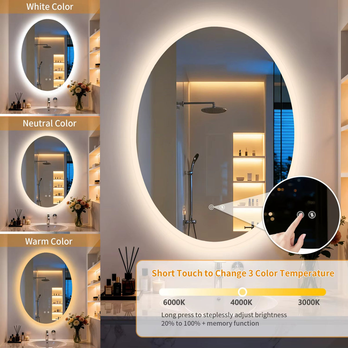 Oval LED Backlit Bathroom Mirror with Anti-Fog, Dimming & Memory