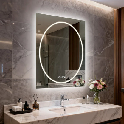 Frameless Double LED Lighted Bathroom Mirror, Rectangle & Round Tempered Glass Frontlit and Backlit Antifog