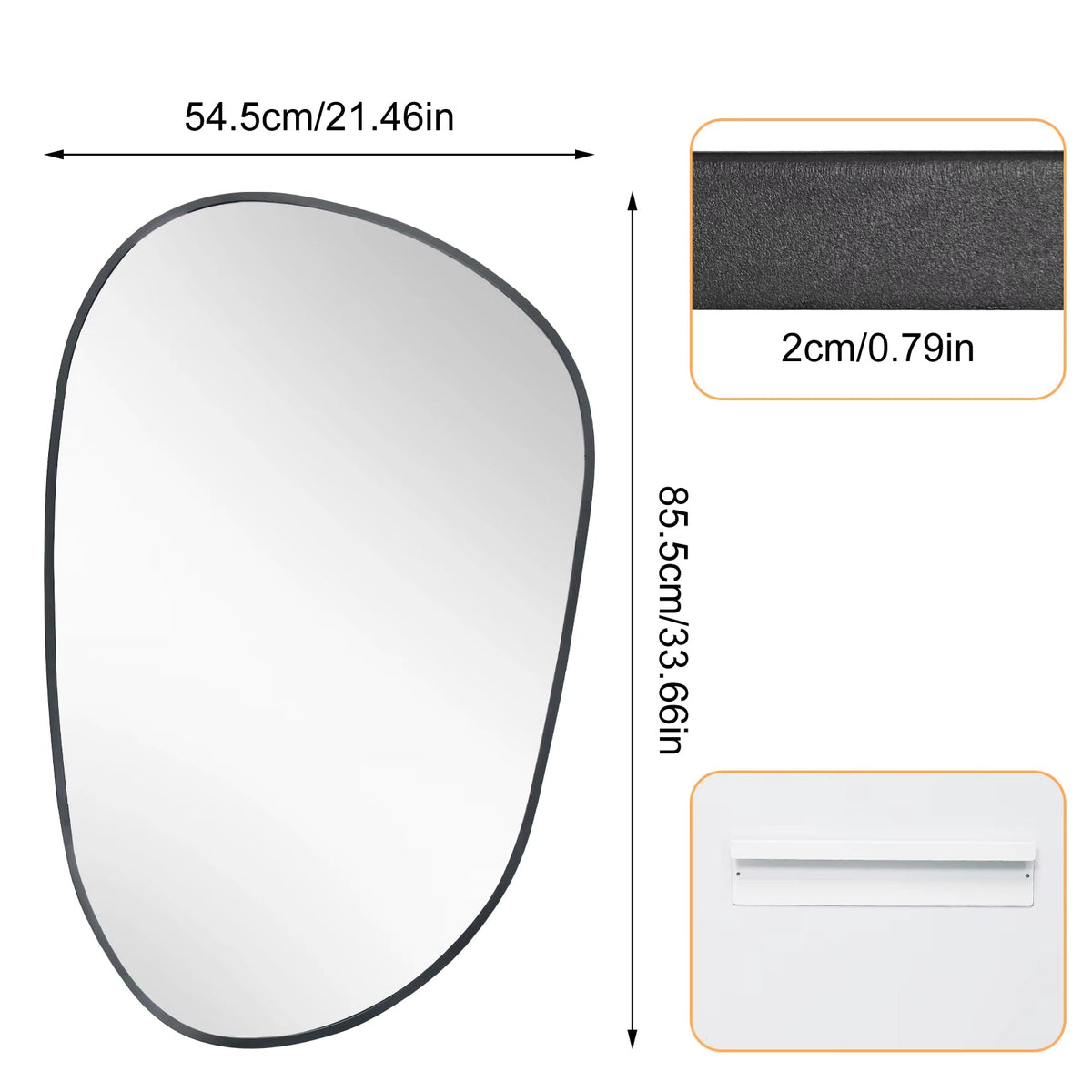 Black Asymmetrical Wall Mirror with Tempered Glass – 54.5 × 85.5 cm