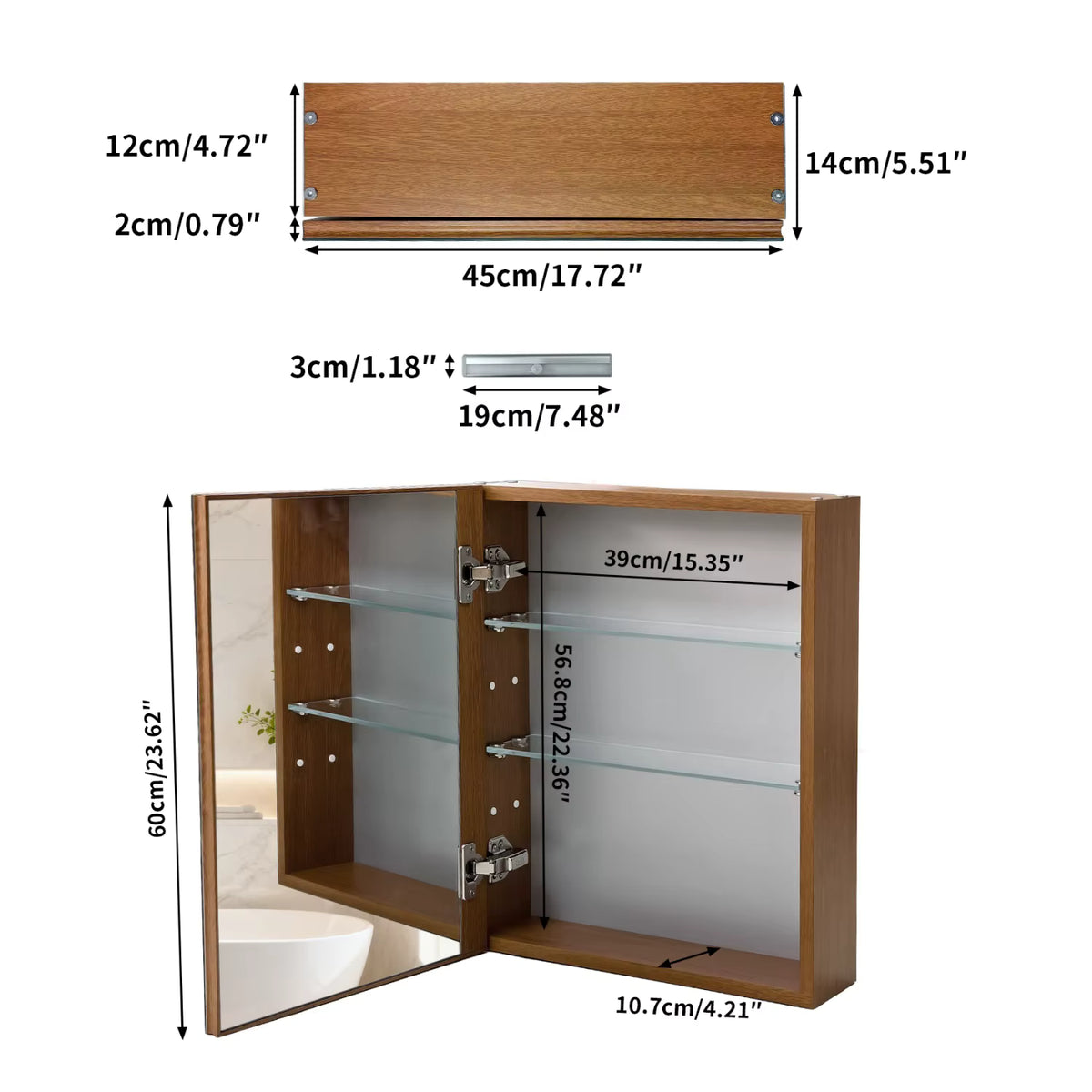 Walnut-Effect Bathroom Mirror Cabinet with Sensor Light – 4 Sizes