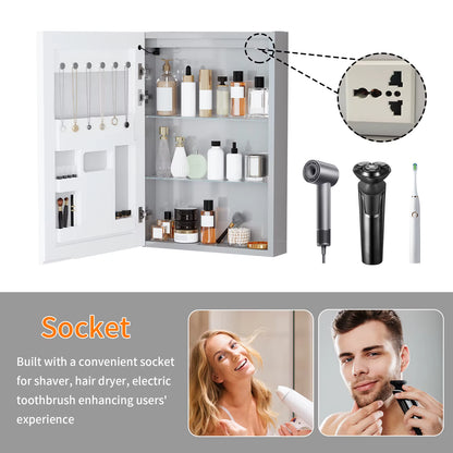 Open mirror cabinet with close-up of the internal power socket