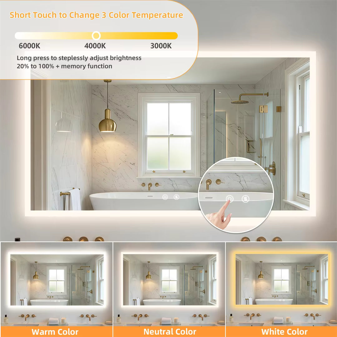 Large Backlit Rectangle Bathroom Mirror with Touch Sensor & Anti-Fog Function