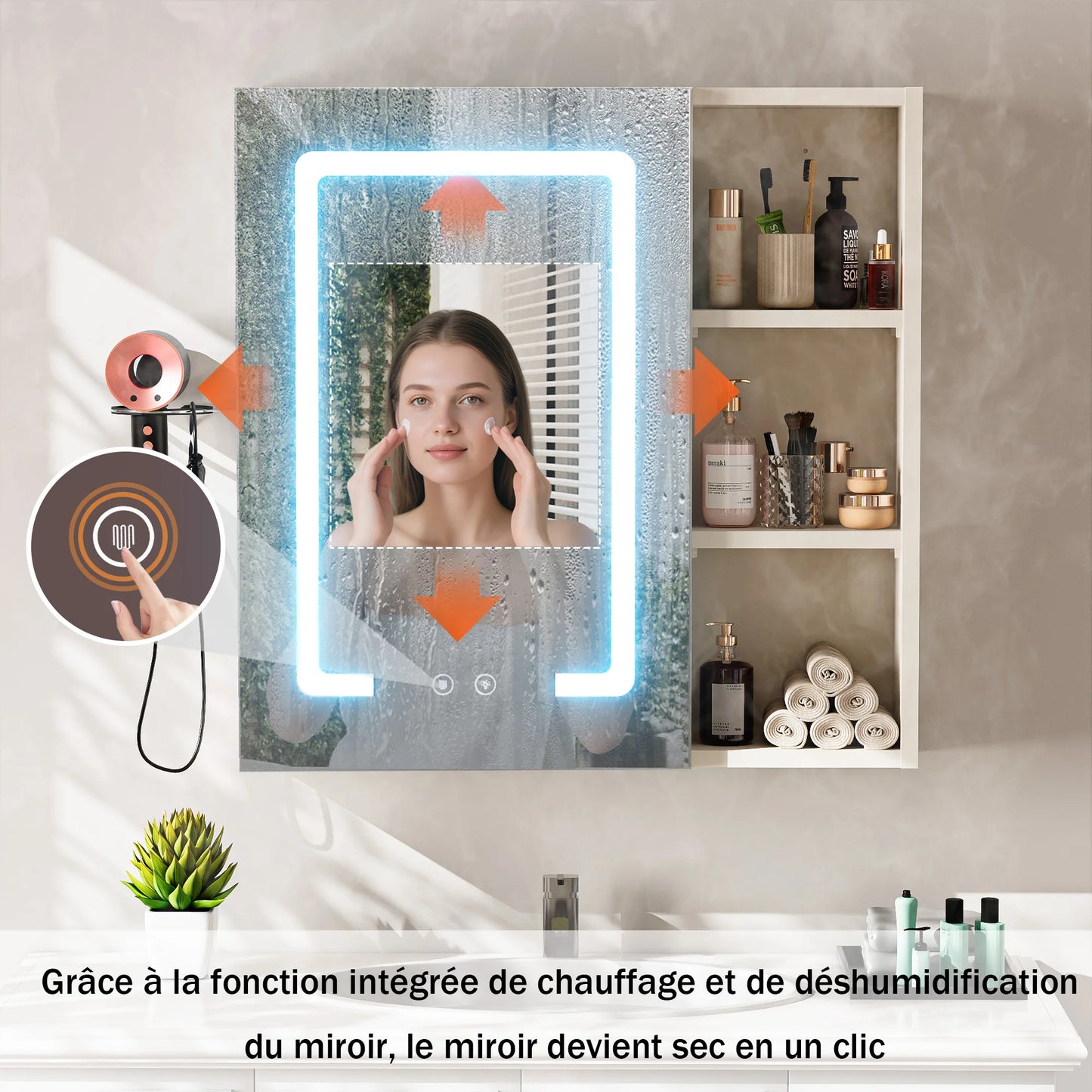 Bathroom Cabinet with Anti-fog LED Mirror With Hairdryer Smart Storage, UK01