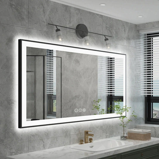 Large Front Light Rectangle Aluminum Alloy Frame Bath Mirror,Wall Mounted Lighted Vanity Mirror, Anti-Fog