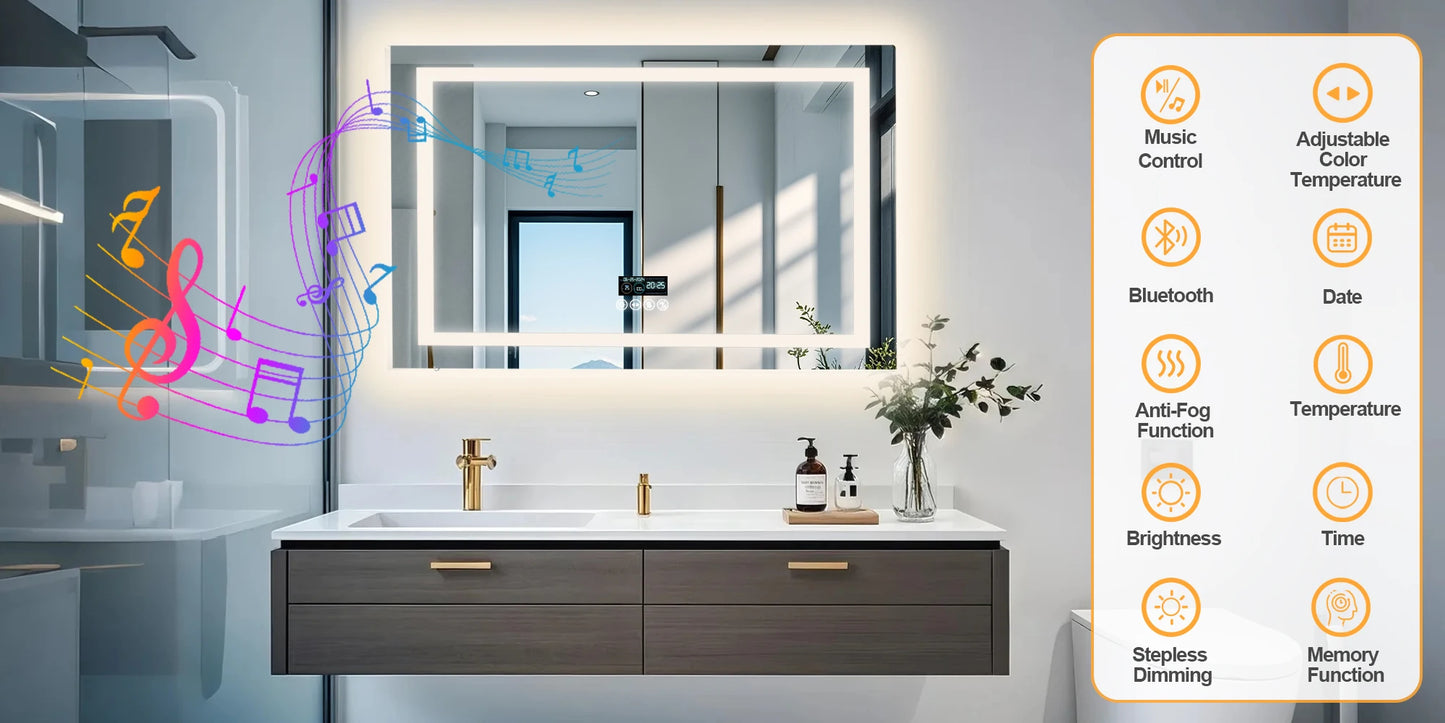 Rectangle Bluetooth Smart Bathroom Mirror  Illuminated Defog with Speakers and Time/Date/Temperature Display
