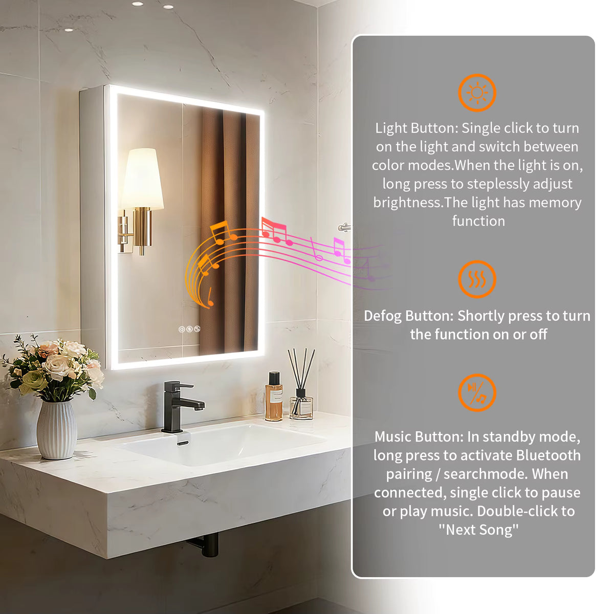 Illuminated mirror cabinet with details of its light, touch and memory functions