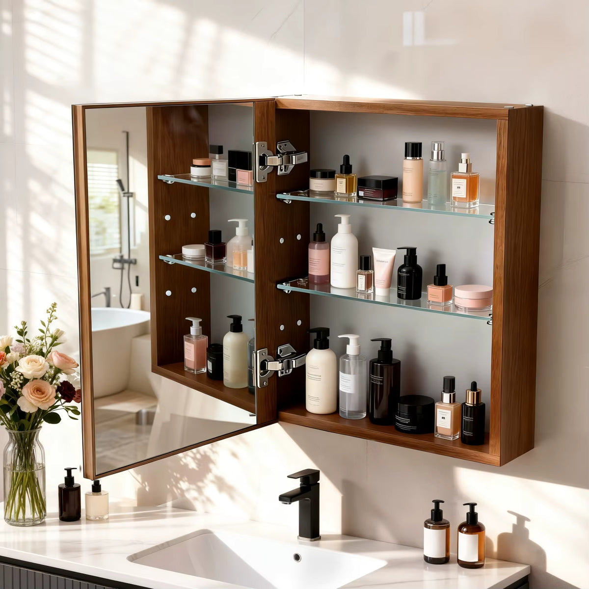 Walnut-Effect Bathroom Mirror Cabinet with Sensor Light – 4 Sizes