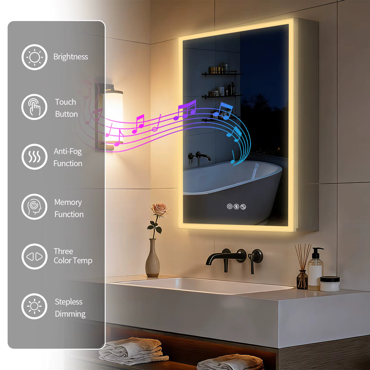 Warm illuminated cabinet with Bluetooth music illustration and control icons