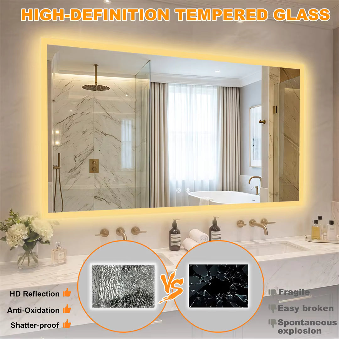 Large Backlit Rectangle Bathroom Mirror with Touch Sensor & Anti-Fog Function