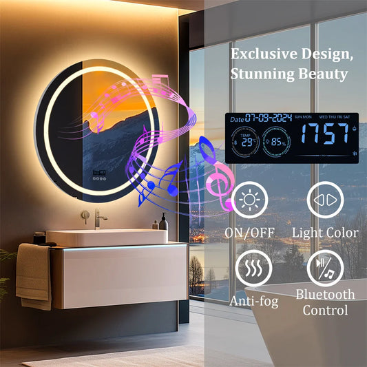 LED Bathroom Mirror with Bluetooth Speaker and Clock