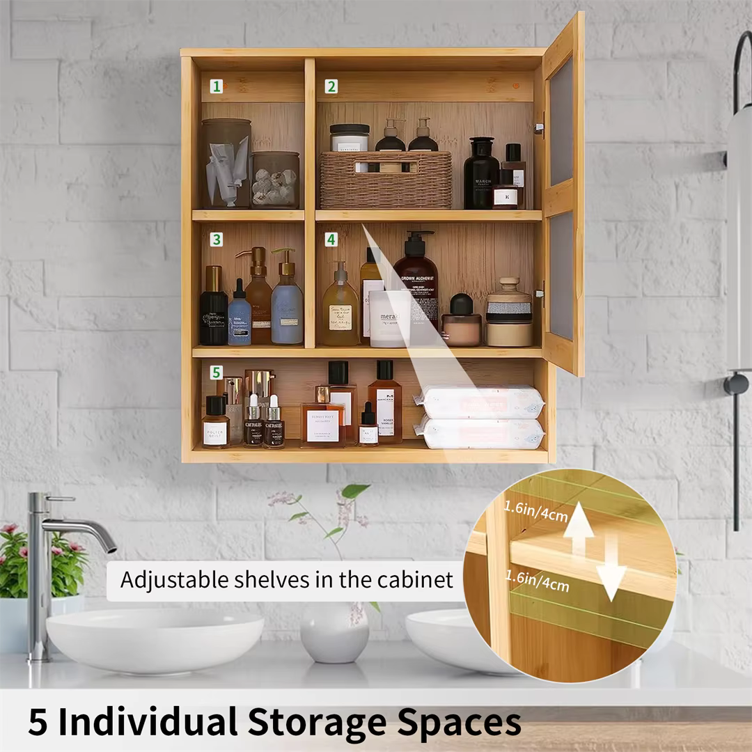 Bamboo Bathroom Mirror Cabinet with Adjustable Shelves – 22x24"