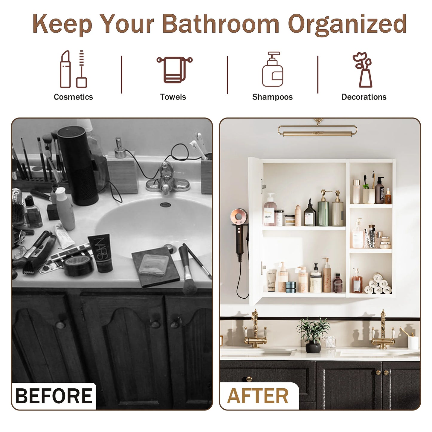 Bathroom Cabinet with Anti-fog LED Mirror With Hairdryer Smart Storage, UK01