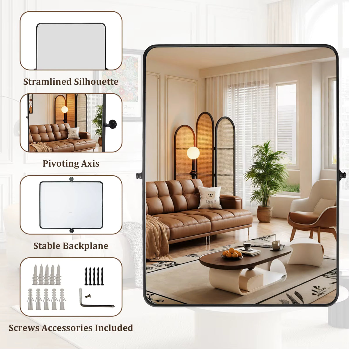Black Rectangular Pivot Bathroom Mirror with Adjustable Tilt – 2 Sizes