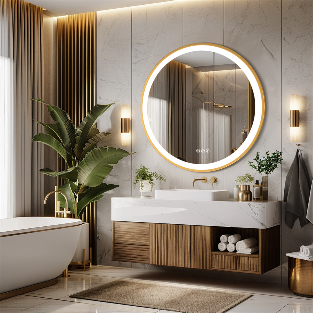 Golden Frame Round Front-Lighted Bathromm Mirror, Anti Fog, Three Colors Smart LED Bathroom Mirror