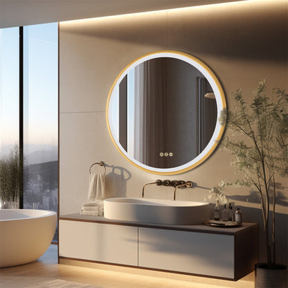 Golden Frame Round Front-Lighted Bathromm Mirror, Anti Fog, Three Colors Smart LED Bathroom Mirror