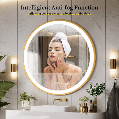 Golden Frame Round Front-Lighted Bathromm Mirror, Anti Fog, Three Colors Smart LED Bathroom Mirror