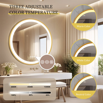 Golden Frame Round Front-Lighted Bathromm Mirror, Anti Fog, Three Colors Smart LED Bathroom Mirror