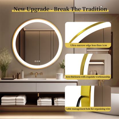 Golden Frame Round Front-Lighted Bathromm Mirror, Anti Fog, Three Colors Smart LED Bathroom Mirror