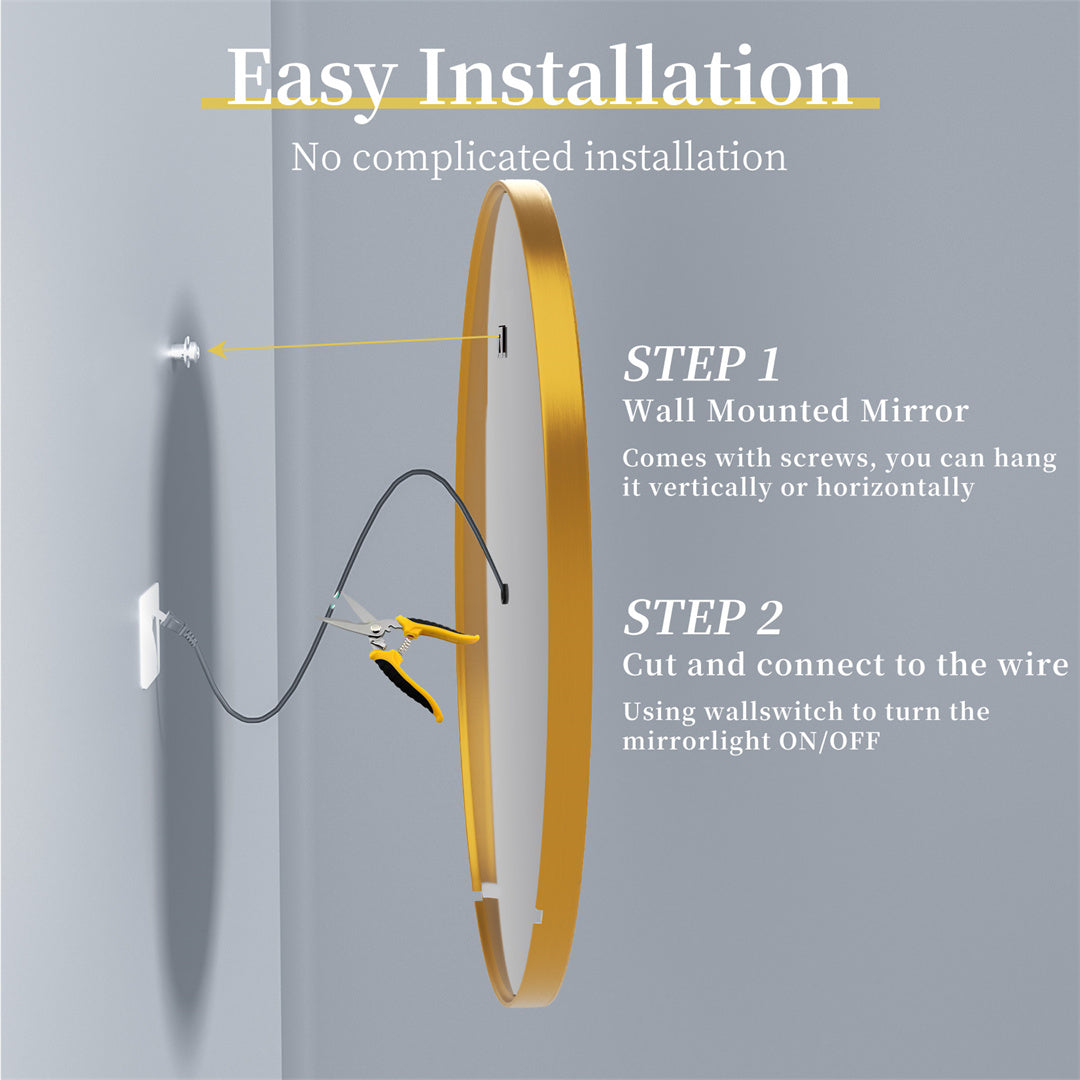 Golden Frame Round Front-Lighted Bathromm Mirror, Anti Fog, Three Colors Smart LED Bathroom Mirror