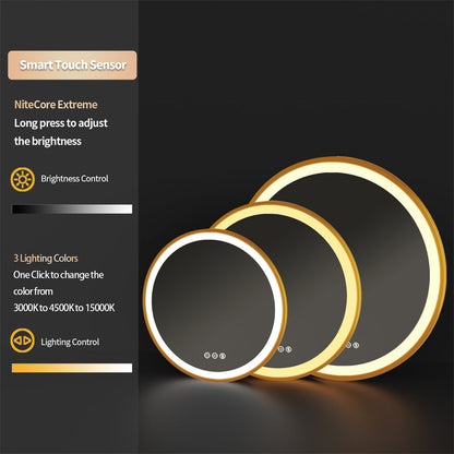 Golden Frame Round Front-Lighted Bathromm Mirror, Anti Fog, Three Colors Smart LED Bathroom Mirror