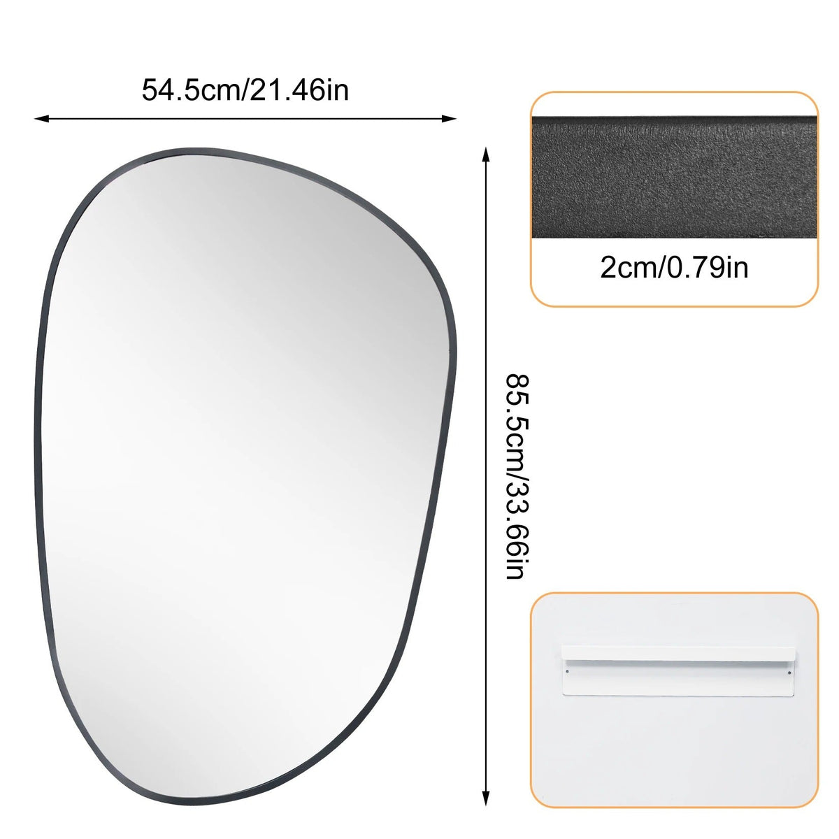 Black Asymmetrical Wall Mirror with Tempered Glass – 54.5 × 85.5 cm
