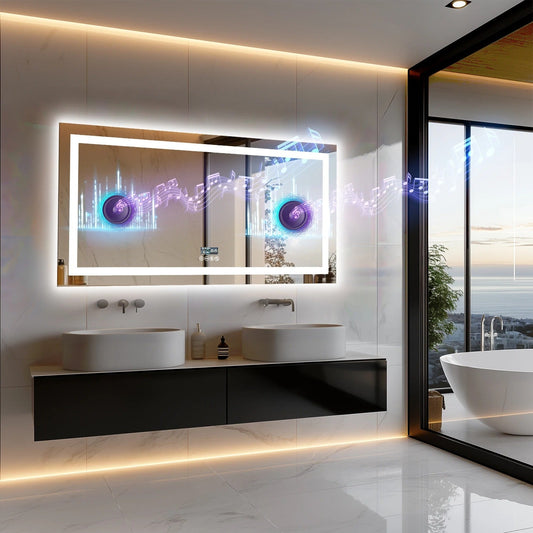 Smart LED Bathroom Mirror With Bluetooth，Multiple Size Large Rectangle Double Lights with Anti-Fog, 3 Color