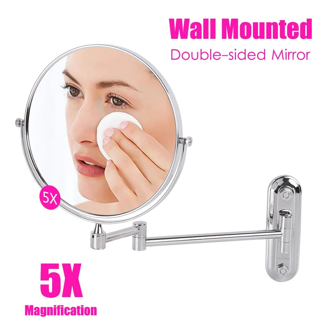 Round Wall-Mounted Magnifying Mirror with Extendable Arm – 5X or 10X