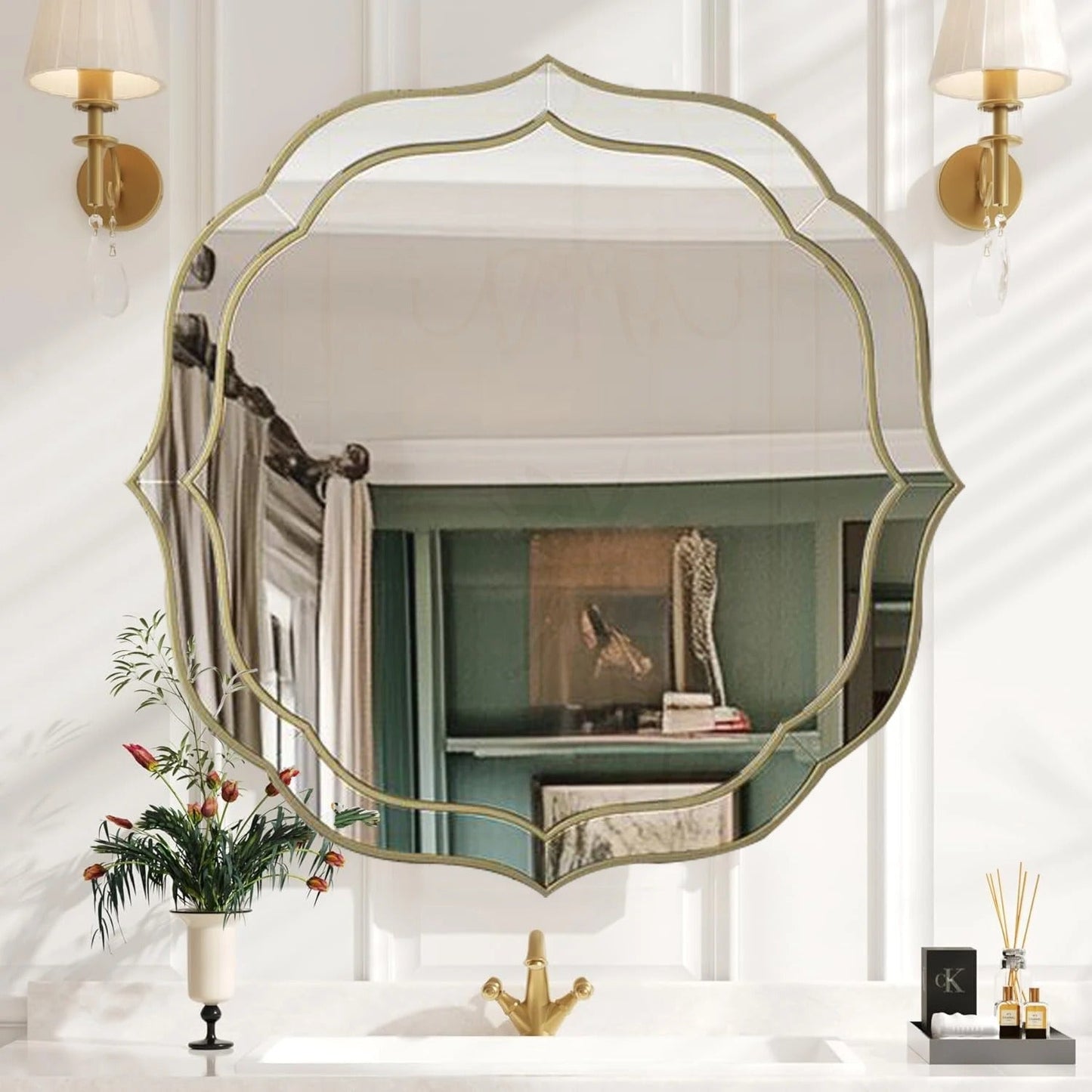 Modern Decorative Bathroom Mirror – Venetian-Style Silver Glass Mirror with Golden Rim & Beveled Frame for Bedroom & Hallway