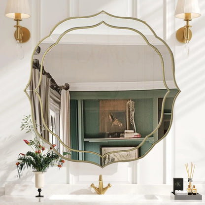Modern Decorative Bathroom Mirror – Venetian-Style Silver Glass Mirror with Golden Rim & Beveled Frame for Bedroom & Hallway