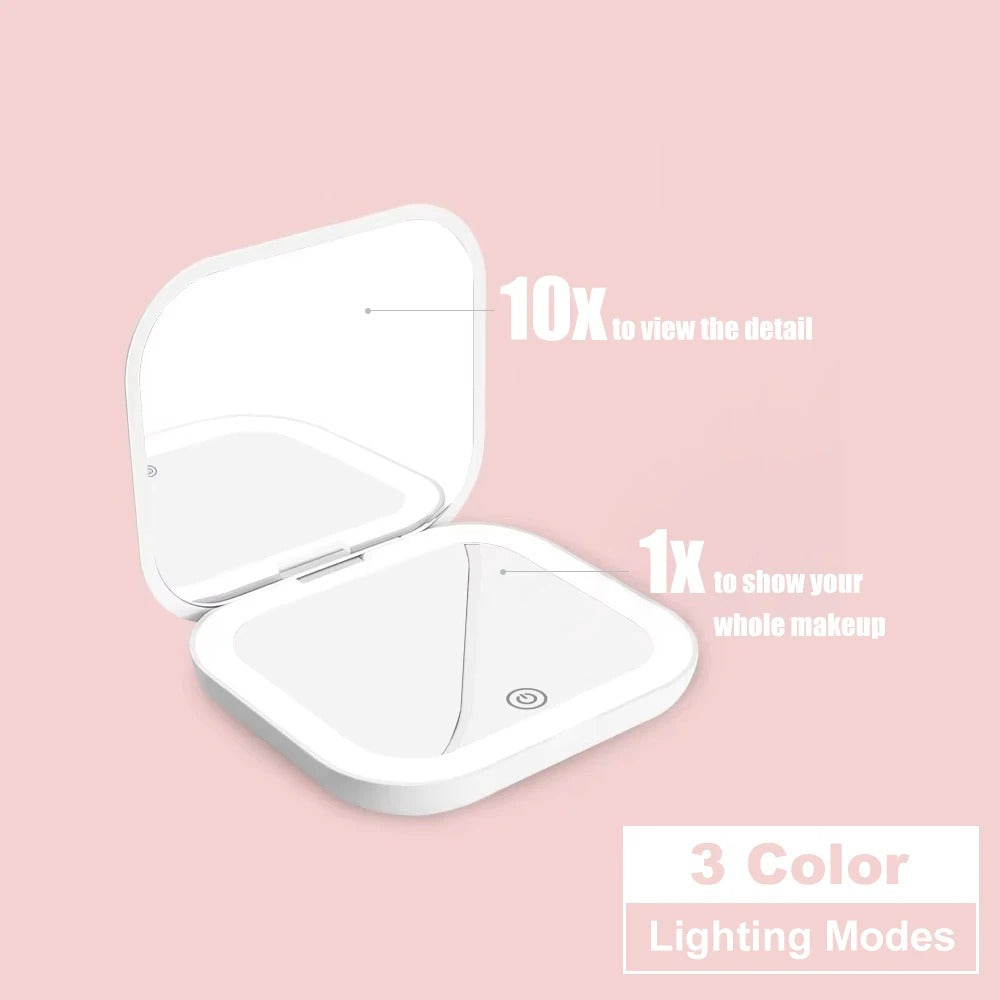 LED Travel Makeup Mirror with 10X Magnification & 3-Colour Lighting
