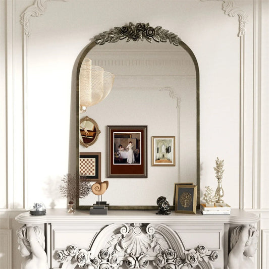 Arched Antique Brass Bathroom Mirror – Metal Frame with Decorative Resin Rose Pattern for Entryway, Fireplace & Living Room