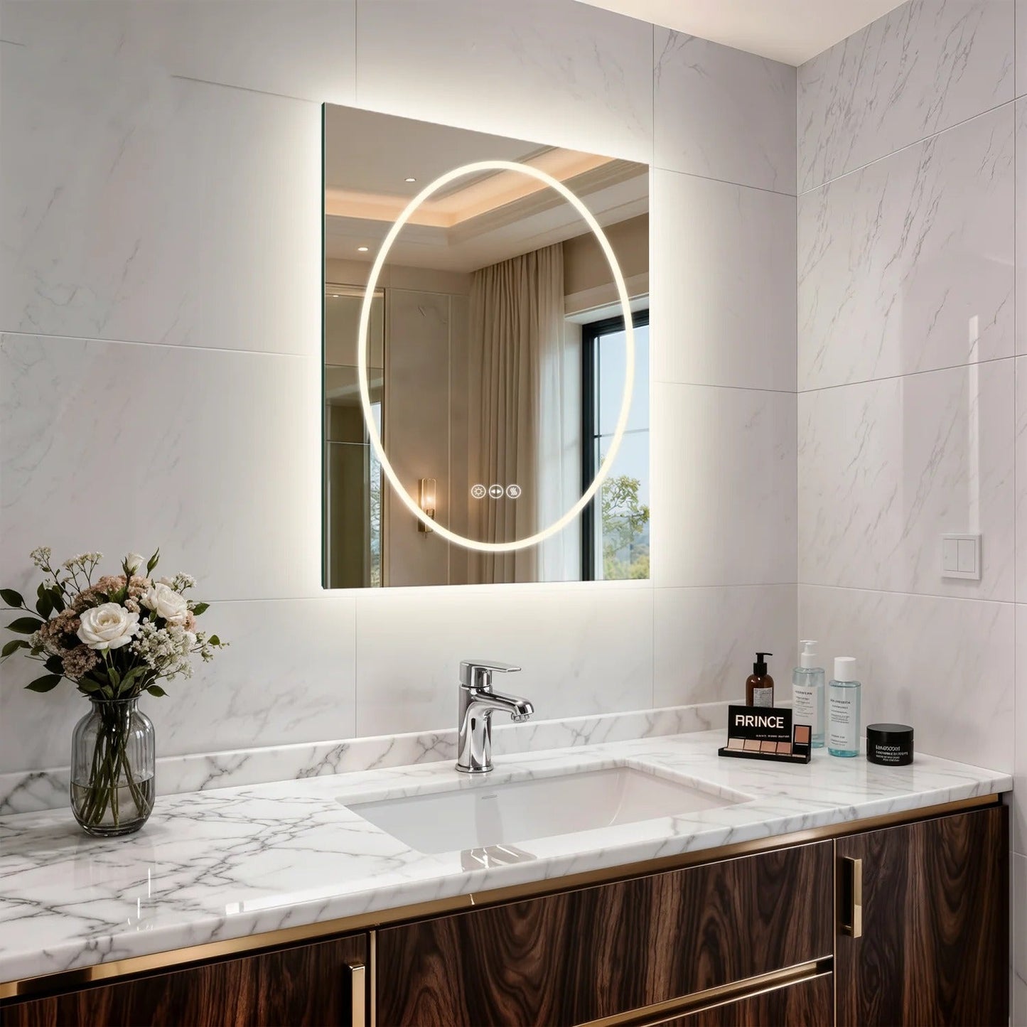 Frameless Double LED Lighted Bathroom Mirror, Rectangle & Round Tempered Glass Frontlit and Backlit Antifog