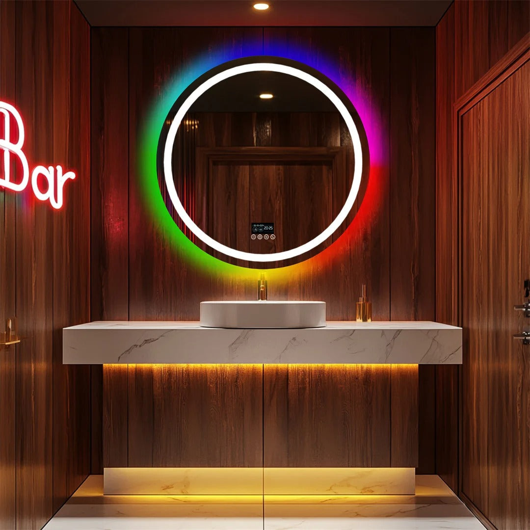 Round Glitzy RGB，Smart LED mirror With Bluetooth Speakers，Double Light LED Bathroom Mirror ，Anti-Fog