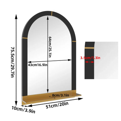 Modern Arched Bathroom Mirror with Shelf – 20x30" Gold Decorative Mirror for Entryway & Living Room