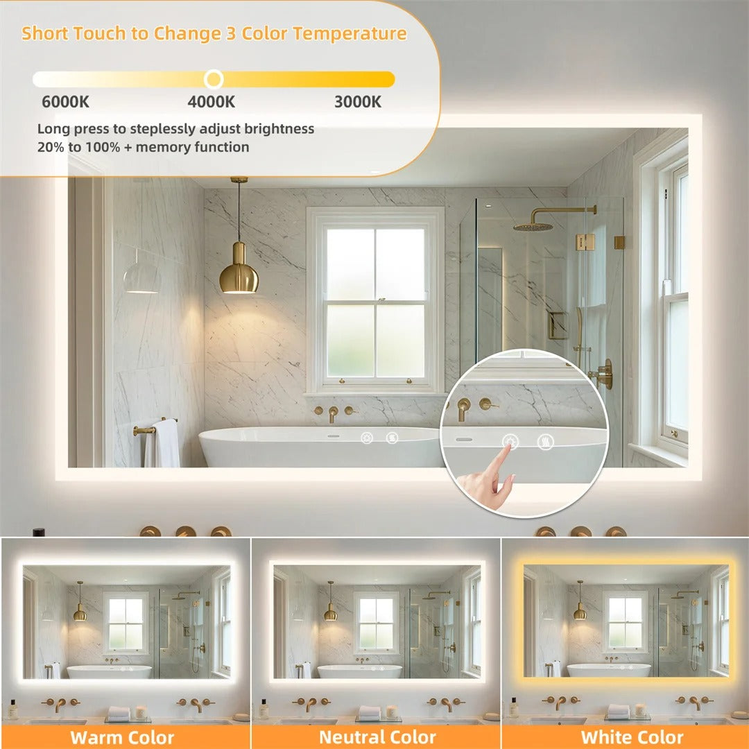 Large Backlit Rectangle Bathroom Mirror with Touch Sensor & Anti-Fog Function