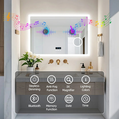 Rectangle Bluetooth LED Bathroom Mirror – Anti-Fog Vanity Mirror with 3X Magnifier, Dimmable Touch Light, Date & Time Display