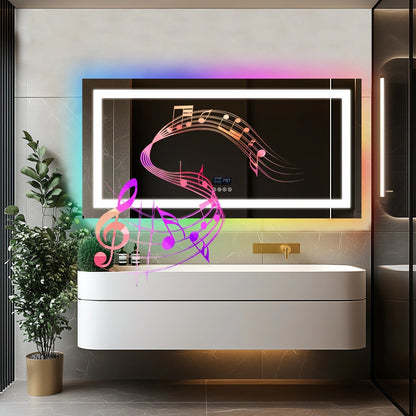 Rectangle Multiple Size Glitzy RGB，Large Smart LED mirror With Bluetooth Speakers，Double Light LED Bathroom Mirror ，Anti-Fog