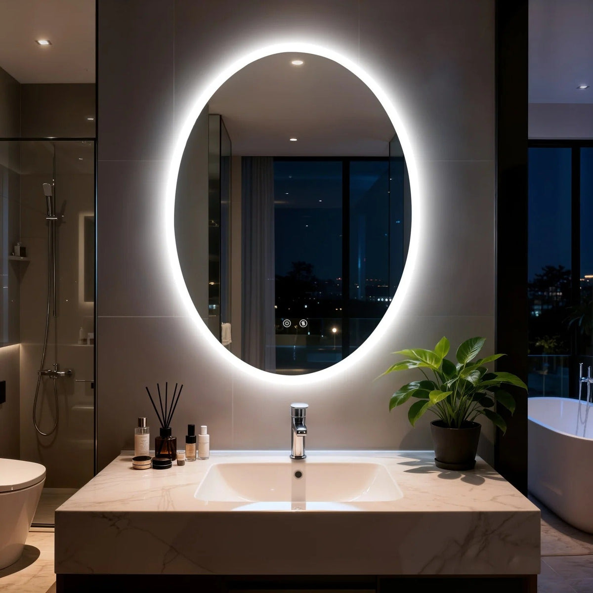 Oval LED Backlit Bathroom Mirror with Anti-Fog, Dimming & Memory