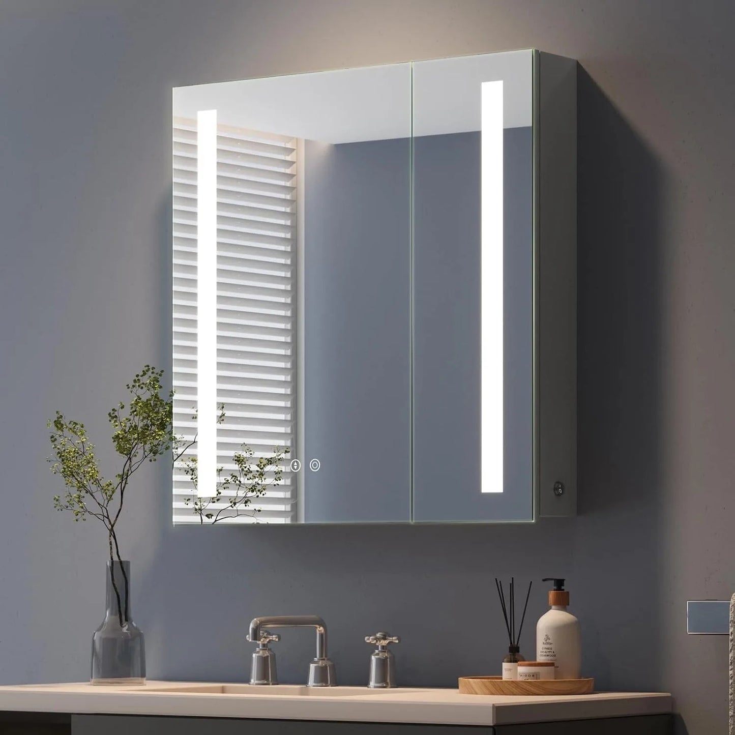 2-Door LED Illuminated Bathroom Mirror Cabinet with Shaver Socket, 3-Color Dimmable Lighting & Demister Pad